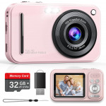 Digital Camera, Autofocus 48MP FHD 1080P Camera for Kids with 16X Zoom Anti Shake, Compact Portable Small Point and Shoot Digital Cameras with 32GB Memory Card for Teens Girls Kids Adults, Pink